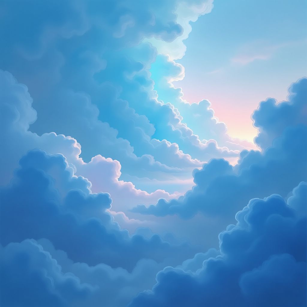 Alternative AI Album Cover — A vast, dreamy sky with soft, layered clouds and delicate blue-tinted smoke rising upward, illuminated by luminous, diffused lighting; ethereal and surreal atmosphere, rich cool blue and muted violet tones, ultra-detailed textures, 8k resolution, tranquil and weightless feel