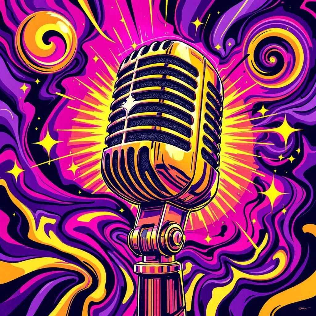 Funk AI Album Cover — A vibrant funk album cover featuring a close-up of a retro microphone surrounded by colorful disco lights, with swirling abstract patterns in the background; psychedelic illustration with bold colors such as purple, pink, and gold; high contrast and glossy finish; 8k resolution, highly detailed and professional quality, capturing the essence of love and rhythm.