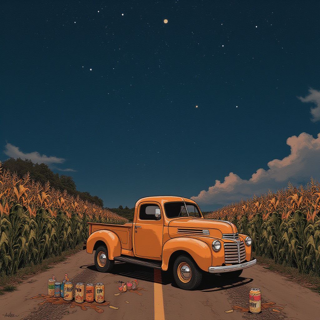Country AI Album Cover — A half-illustrated, half-photographic album cover featuring a rustic two-lane road under a starry night sky; a vintage truck with cornfields in the background, hand-drawn elements showing grass stains and beer cans, warm tones with an ethereal glow, highly detailed, emotionally nostalgic, 8k resolution