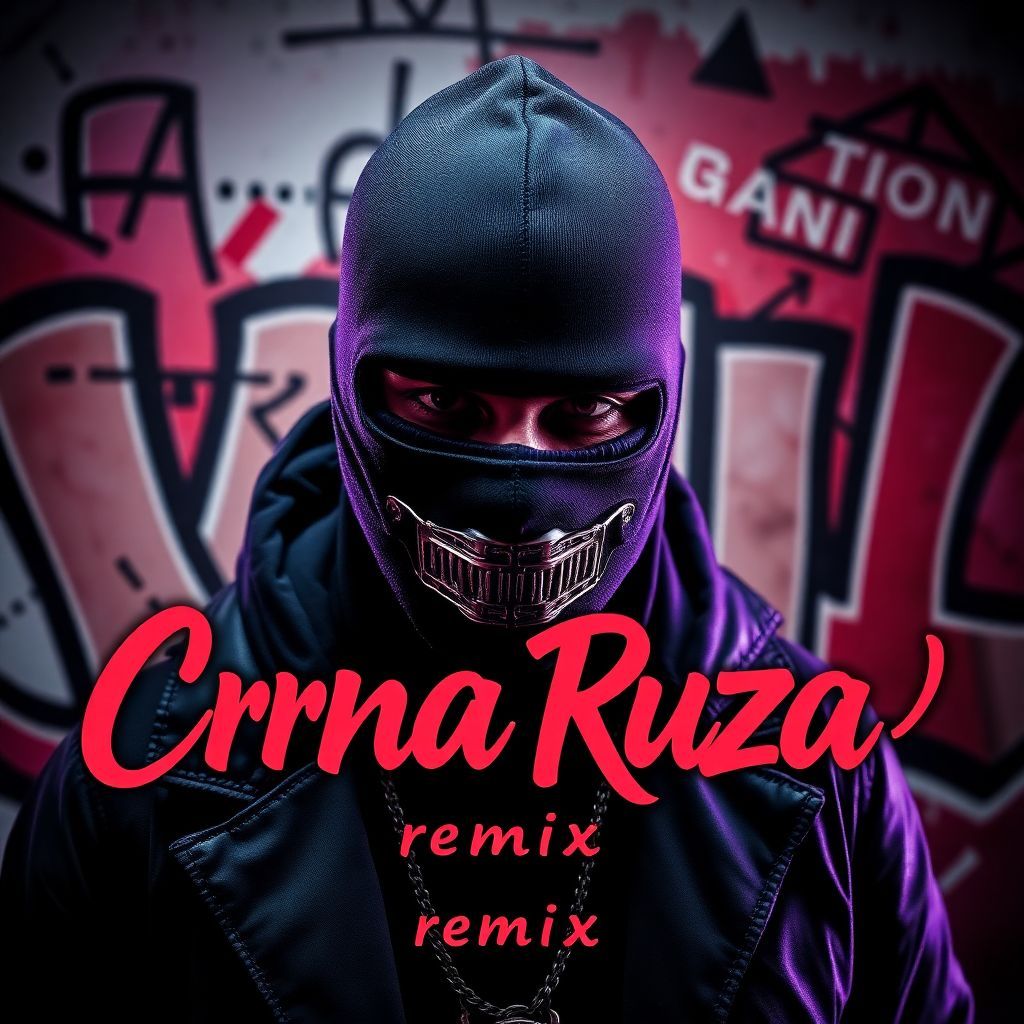 Hip-Hop AI Album Cover — A dramatic hip-hop album cover featuring Halid Bašić wearing a balaclava and grills, vibrant graffiti background; stylish urban elements, the title "Crna Ruza (remix)" in bold, clear typography integrated into the design; moody lighting, high contrast colors, highly detailed, 8k resolution