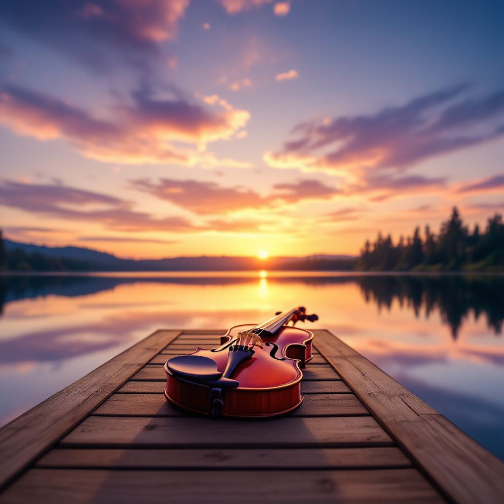 Classical AI Album Cover — a tranquil violin on a serene lake reflecting a colorful sunset, minimalist style, warm and soft lighting, orange and purple hues, professional and photorealistic image