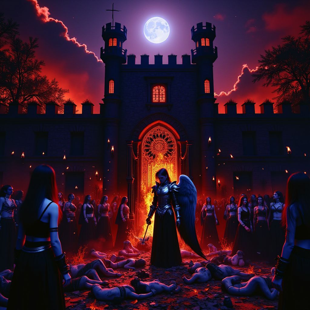 Metal AI Album Cover — A dark, dramatic illustration featuring a burning black castle under a full moon; in the foreground, a demon in knight armor beheads an angel at the castle gates, surrounded by watching demons and humans, a pile of corpses at their feet, crucified and burning angels, vampires feasting nearby, highly detailed, surreal and moody atmosphere, vivid colors contrasting with shadows, 8k resolution