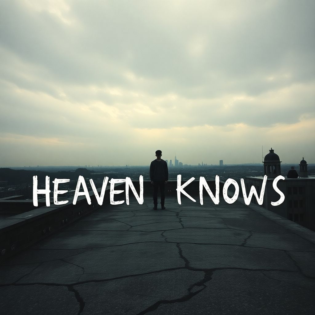 Rock AI Album Cover — An emotional grunge rock album cover for the song titled "Heaven Knows," featuring a lone figure on a cracked city rooftop under an overcast sky, vintage film grain texture, deep shadows, muted tones of gray and pale blue, with hand-drawn typography for the title integrated into the scene; moody atmosphere, highly detailed, 8k resolution.