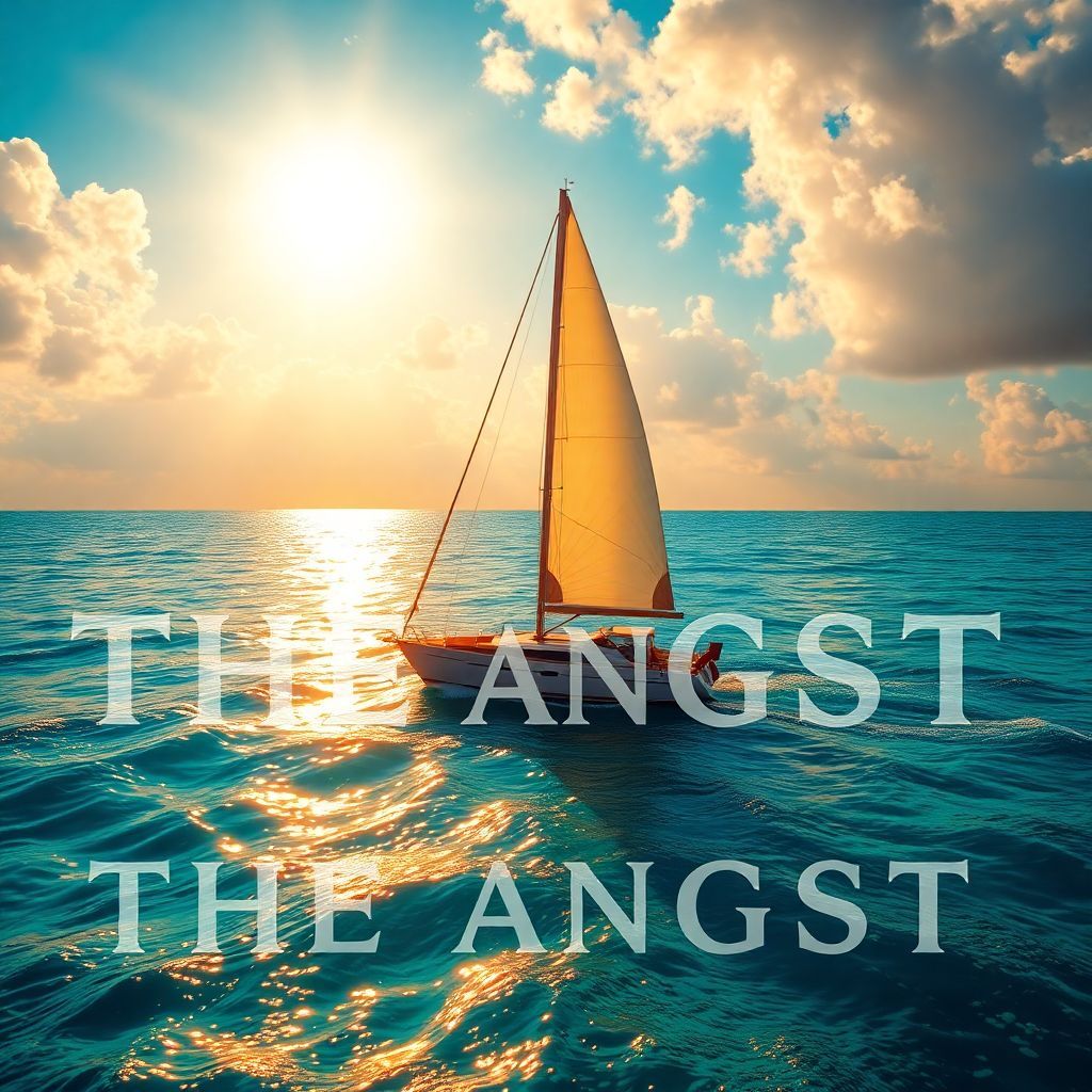Chillout AI Album Cover — A vibrant, ethereal album cover featuring a sailboat named 'THE ANGST' gliding through crystal-clear ocean waters under a sunlit sky, colorful waves and soft clouds, dreamy lighting, warm hues of gold and blue, photorealistic style, highly detailed and immersive, 8k resolution