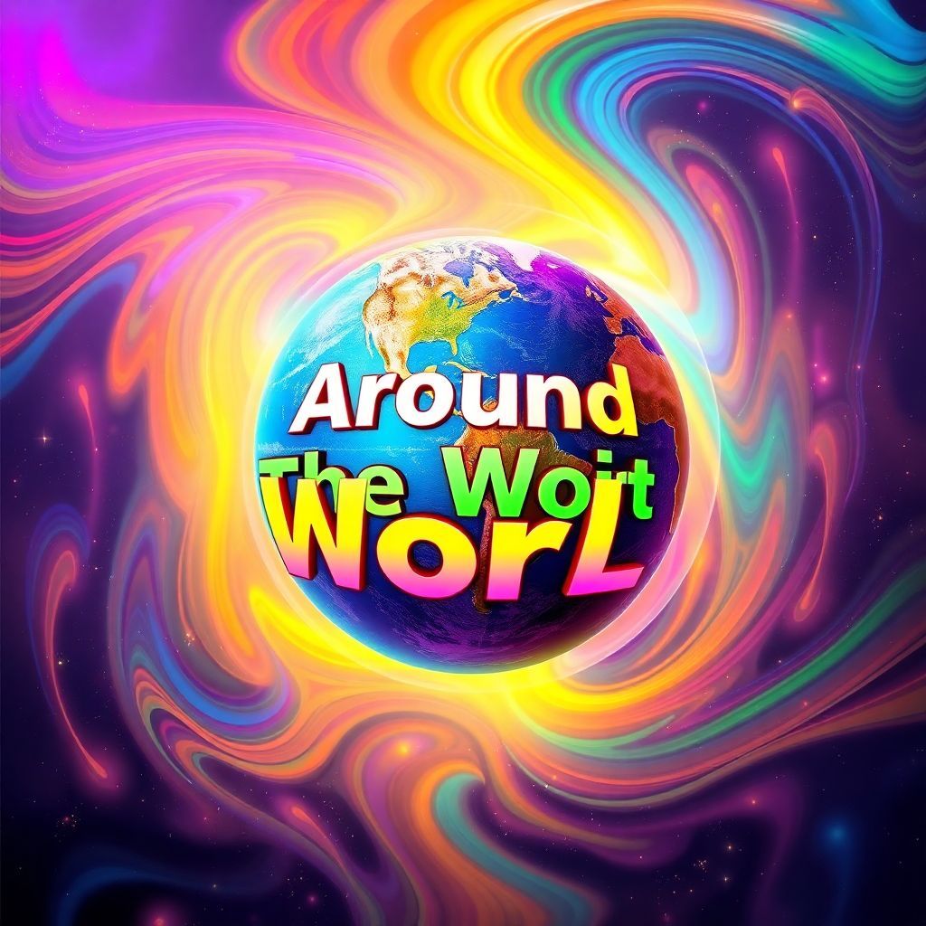 Pop AI Album Cover — A dreamy pop album cover featuring a globe surrounded by vibrant, swirling colors representing the world; the text "Around The World" integrated into the design with a modern, bold font; ethereal lighting with a psychedelic color palette, highly detailed, 8k resolution, capturing the essence of travel and exploration.