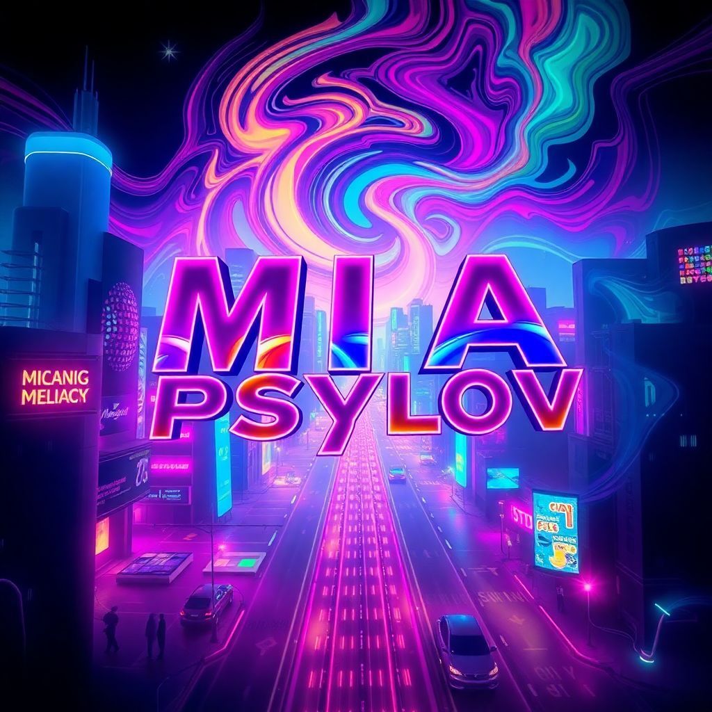 Pop AI Album Cover — A psychedelic pop album cover featuring the text "MIA Psylov" in bold, vibrant colors swirling through a twilight cityscape; surreal lighting and abstract shapes create a dreamy atmosphere, with rhythmic patterns reflecting the beat, glows and neon accents, highly detailed, 8k resolution.