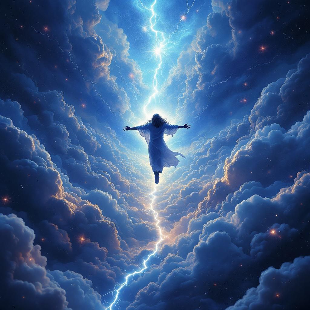 Metal AI Album Cover — A surreal metal album cover featuring a figure soaring through a stormy sky, vibrant colors of blue and black, with lightning illuminating their path; highly detailed, photorealistic clouds and cosmic elements, conveying themes of freedom and rebellion, 8k resolution, dynamic lighting, atmospheric depth