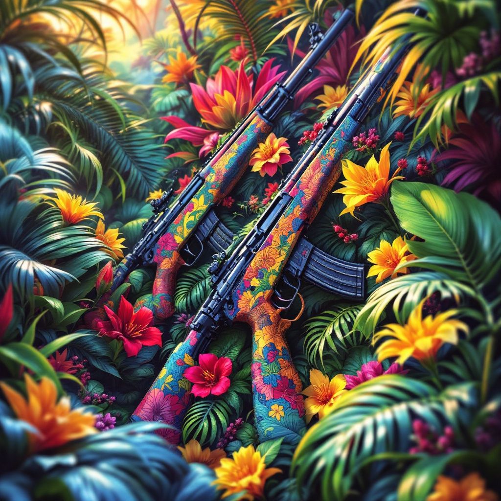 Reggae AI Album Cover — A vibrant reggae album cover featuring colorful, artistic depictions of rifles intertwined with tropical plants and flowers; psychedelic style, bright greens, yellows, and reds dominate the color palette; soft, warm lighting creating a relaxed atmosphere, highly detailed, 8k resolution, capturing the essence of freedom and resilience.