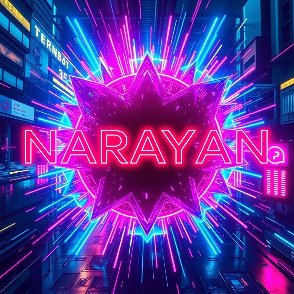 Techno AI Album Cover — A vibrant techno album cover titled "NARAYAN" featuring abstract geometric shapes in a dynamic explosion of neon colors; electric blue and glowing pink shades with a futuristic urban background; clear and modern typography integrated within the design, creating an immersive and energetic atmosphere, highly detailed, 8k resolution