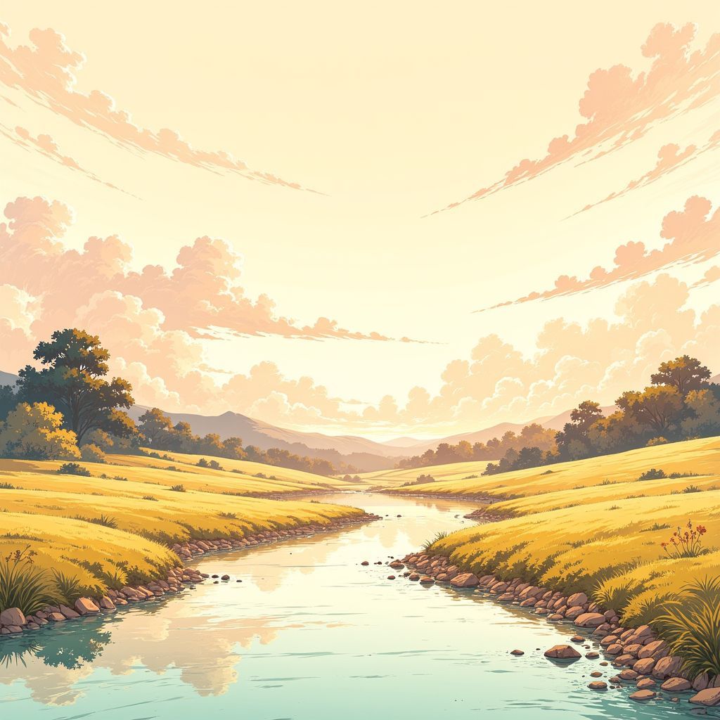 Blues AI Album Cover — A beautiful Ghibsky-style illustration for a blues album cover, featuring a serene line sketch of a calm river flowing through a minimalist landscape, beige background with soft, breezy elements, ethereal lighting and a soothing color palette, highly detailed, 8k resolution, capturing the essence of nostalgia and tranquility.