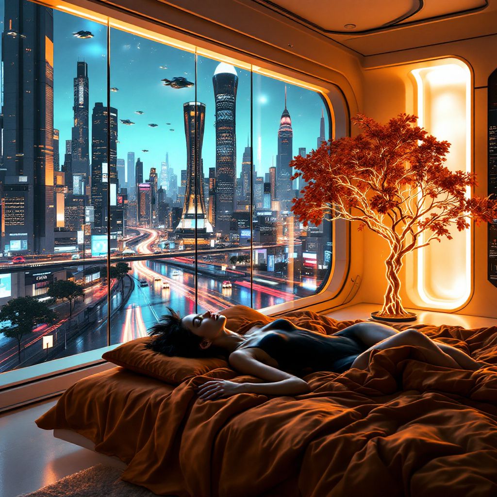 Lo-Fi AI Album Cover — A cozy high-tech bedroom interior inspired by Autumn Platform 2090, featuring a young woman with short hair on a bed with rust-colored bedding, glowing indoor tree, flying cars and glowing neon cityscape outside the panoramic window; warm orange lighting, cyberpunk style, 8k resolution, highly detailed, dreamy atmosphere
