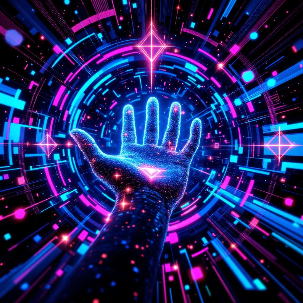 Techno AI Album Cover — A vibrant techno music cover featuring an abstract digital hand reaching out amidst swirling neon colors and geometric shapes, evoking a sense of connection; psychedelic lighting, high contrast, sharp focus, 8k resolution, highly detailed with a futuristic feel