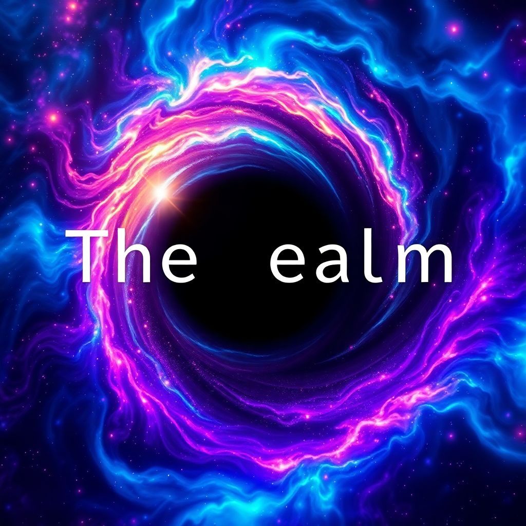 House AI Album Cover — A stunning house music album cover titled "The Realm", featuring a swirling black hole surrounded by vibrant cosmic colors like electric blues and purples; a dreamlike, psychedelic visual style, with sharp focus and ethereal lighting effects, highly detailed atmosphere, 8k resolution, immersive space feel.