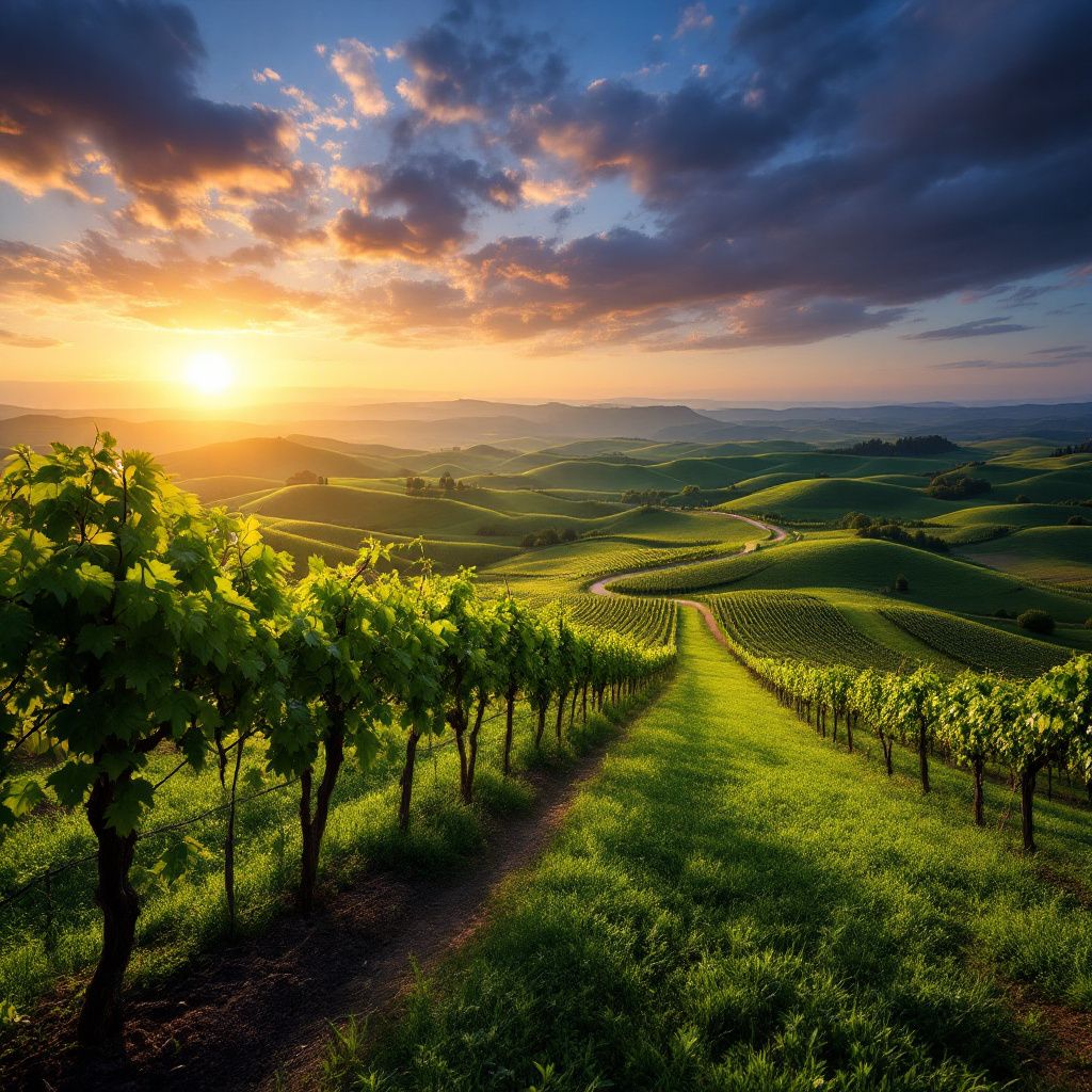 Latin AI Album Cover — Sunlit vineyard with rolling hills, cinematic serenity, rich greens and purples, tranquil ambiance, detailed and full of depth