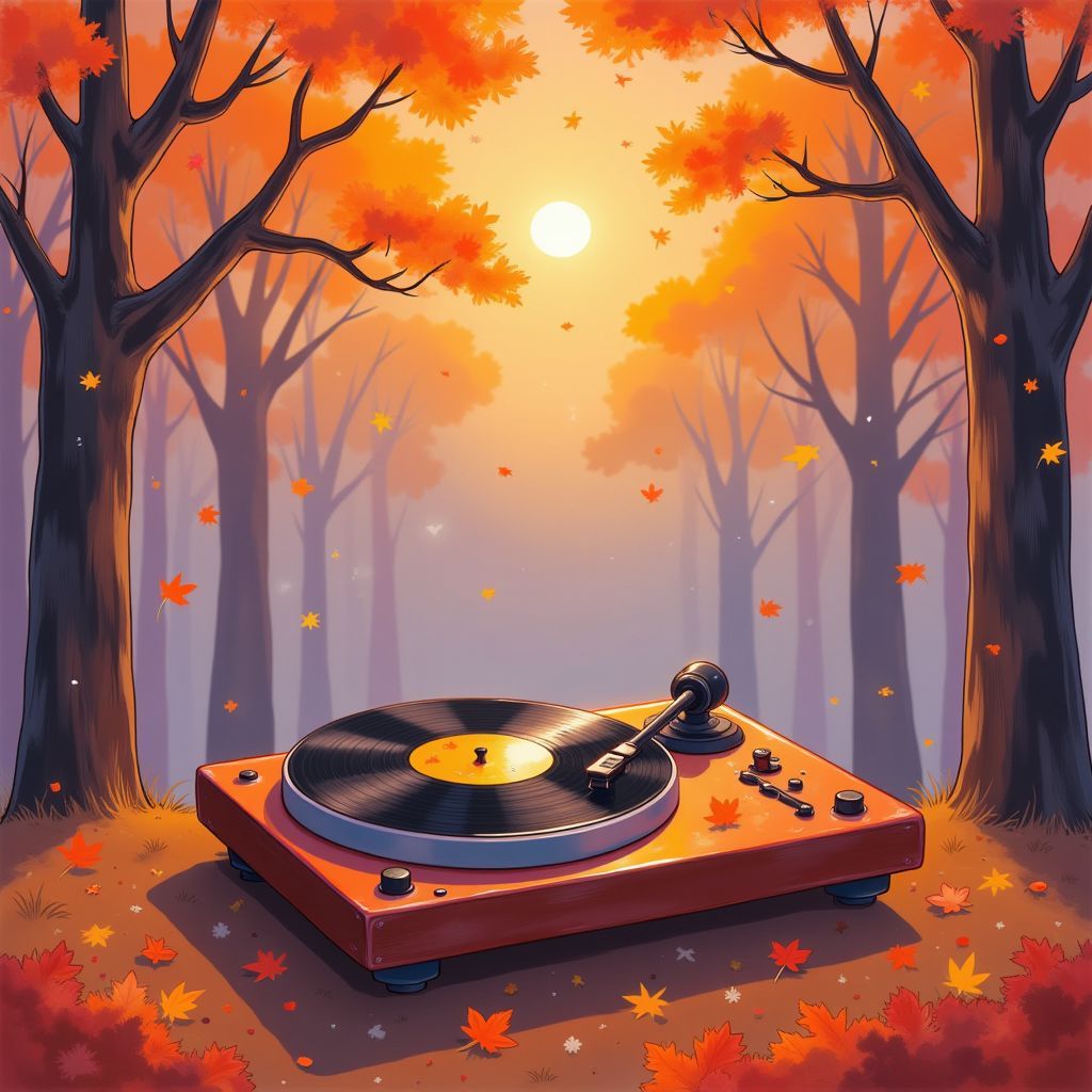 Lo-Fi AI Album Cover — A futuristic autumn scene with a vinyl record player in the foreground, colorful leaves swirling around; dreamy, ethereal colors of orange, gold, and deep purple blend in a surreal style; soft, glowing light creates a cozy atmosphere, highly detailed, 8k resolution.