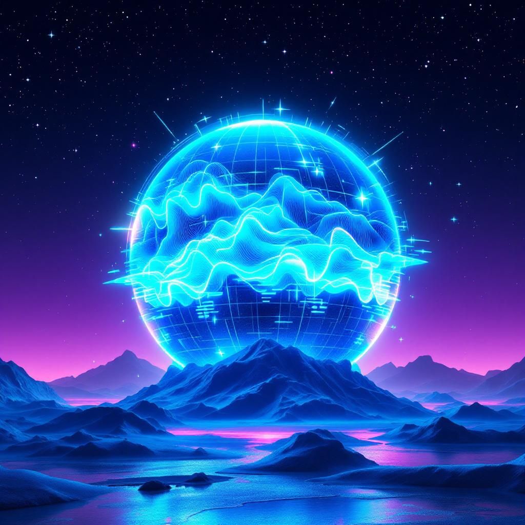 EDM AI Album Cover — A futuristic EDM album cover titled 'No Signal', featuring a vibrant neon globe filled with pulsating waves and glitch effects, against a dark, starry background; dynamic lighting with contrasting colors like electric blue and deep purple; highly detailed, photorealistic, capturing the energy of electronic music, 8k resolution
