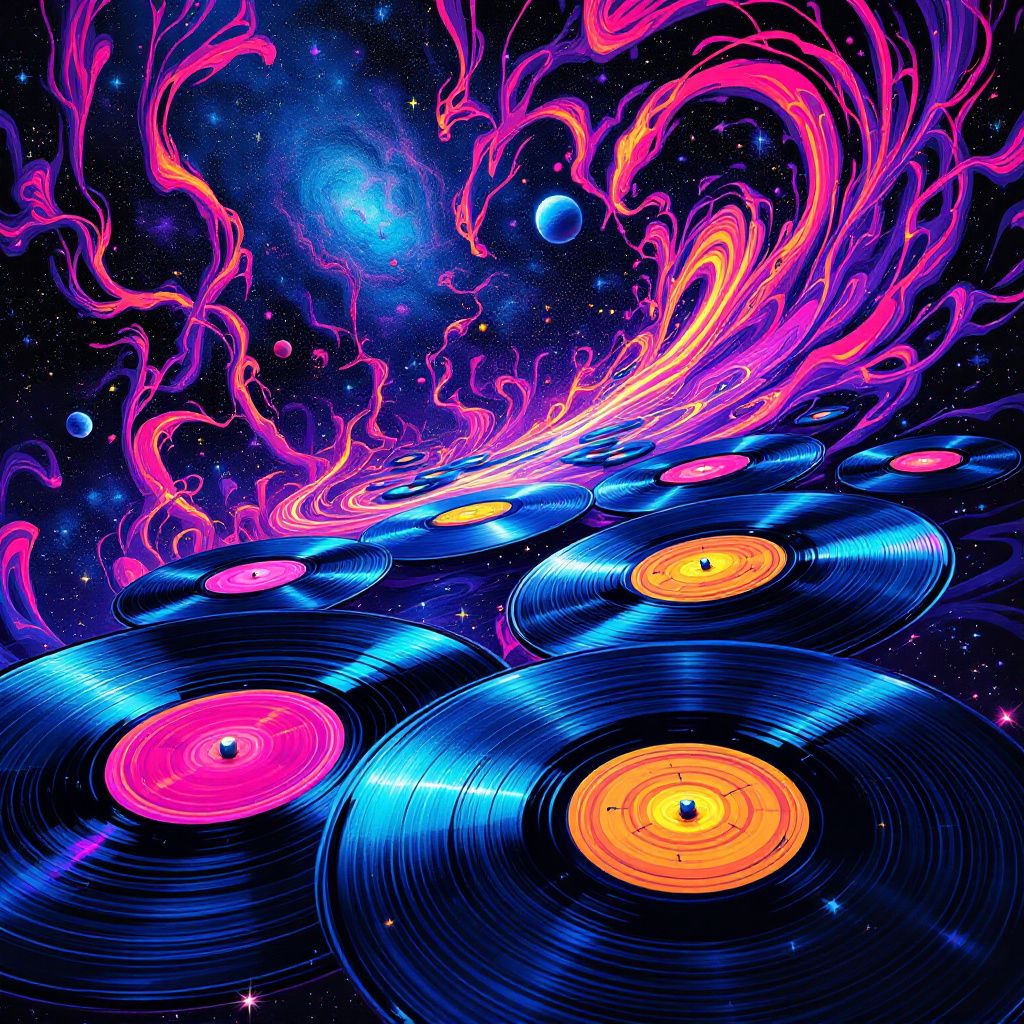 Disco AI Album Cover — colorful vinyl records spiraling in space, surreal aesthetic, layered perspectives, cosmic lighting, bold reds and blues, masterful detail, abstract shapes, dreamy scene, professional quality