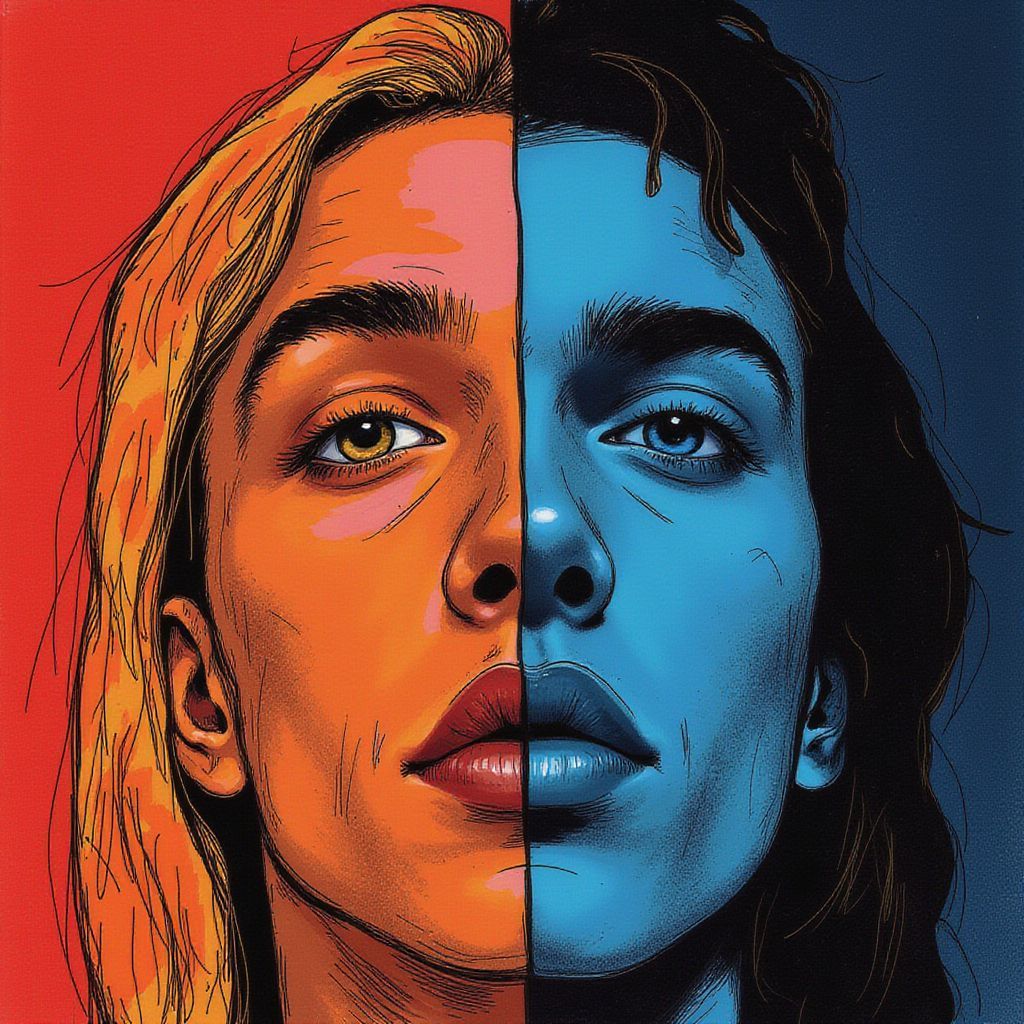 J-Pop AI Album Cover — A half-illustrated album cover depicting two contrasting faces symbolizing love and hate; one side vibrant with warm colors, the other cool and moody; hand-drawn textures and photo-realistic elements combine in a surreal style; dramatic lighting evokes tension, 8k resolution, emotional depth, unique TOK aesthetics