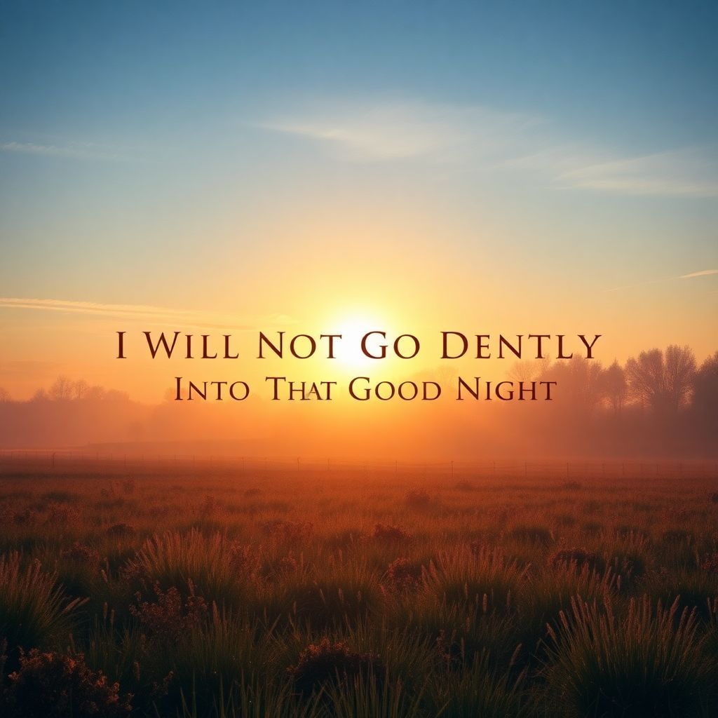 Gospel AI Album Cover — A serene and ethereal music cover depicting a tranquil battlefield at dawn, with a radiant light illuminating the title "I Will Not Go Gentle Into That Good Night" as a central element; soft, dreamy colors mixing blues and golds, photorealistic, cinematic lighting, creating a hopeful yet somber mood, high quality and detail