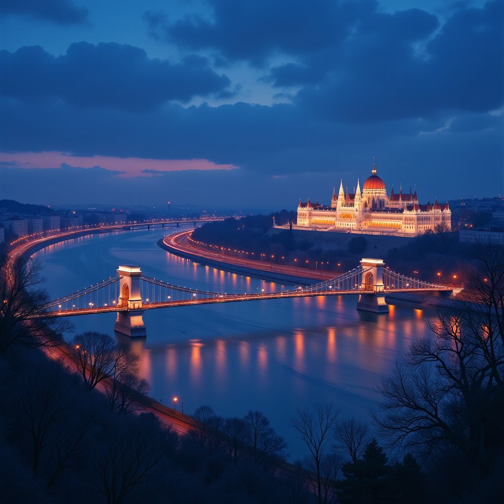 Trance AI Album Cover — A cinematic night view of Budapest, featuring the illuminated Chain Bridge and Parliament reflected in the glowing Danube river; deep blue and purple tones with light mist, surreal atmosphere, long exposure city lights, highly detailed photorealistic quality, ethereal and dreamy vibe, 8k resolution