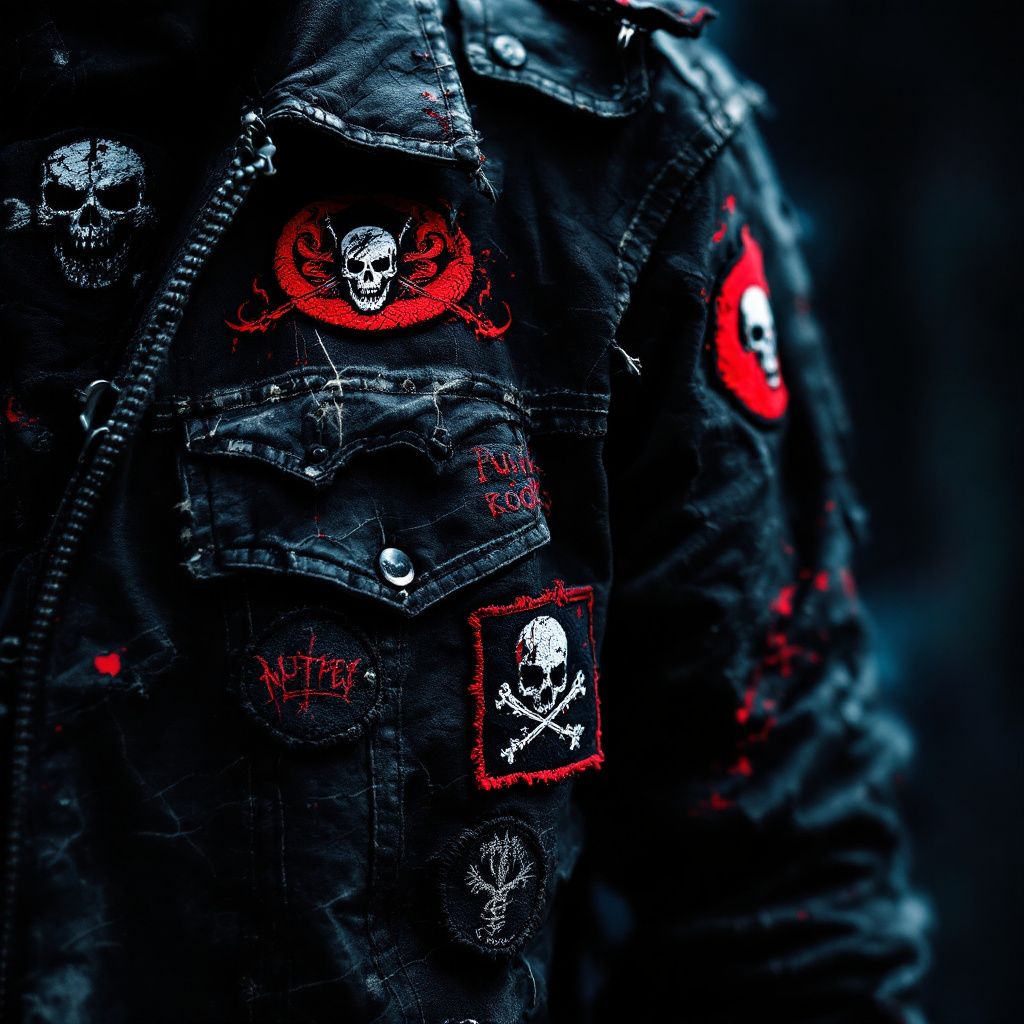 Punk AI Album Cover — Close-up of a leather jacket with punk patches, texture emphasis, high contrast, black and white palette with a touch of red, moody and abstract, 8k professional