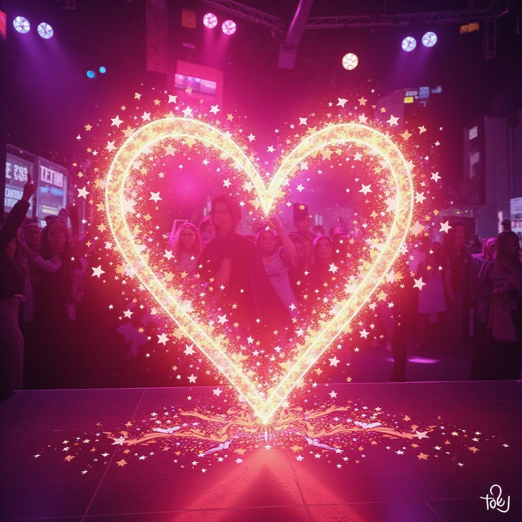 Dance AI Album Cover — A vibrant dance music album cover for 'Lucky Heart', featuring a glowing heart shape merging with confetti and hand-drawn illustrations; half photorealistic festival scene, colorful explosions of light, warm pinks and golds, ethereal lighting; energetic, playful atmosphere, highly detailed, 8k resolution