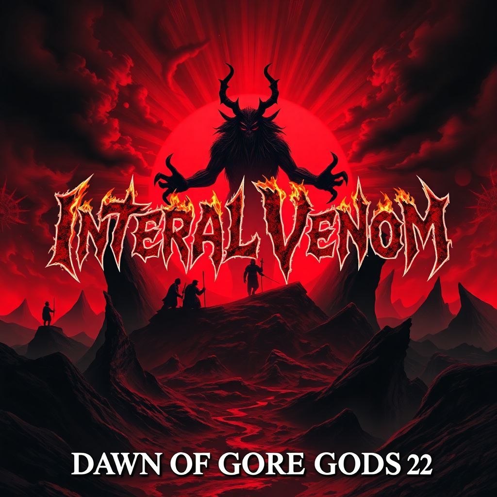 Metal AI Album Cover — A dark, surreal metal album cover featuring a primal god emerging from a blood-red sunrise, surrounded by twisted landscapes and silhouette cavemen; the title "Dawn of the Gore Gods" integrated in jagged, fiery fonts, ominous shadows and dynamic lighting, high contrast and vivid textures, 8k resolution, highly detailed, atmospheric and intense feel