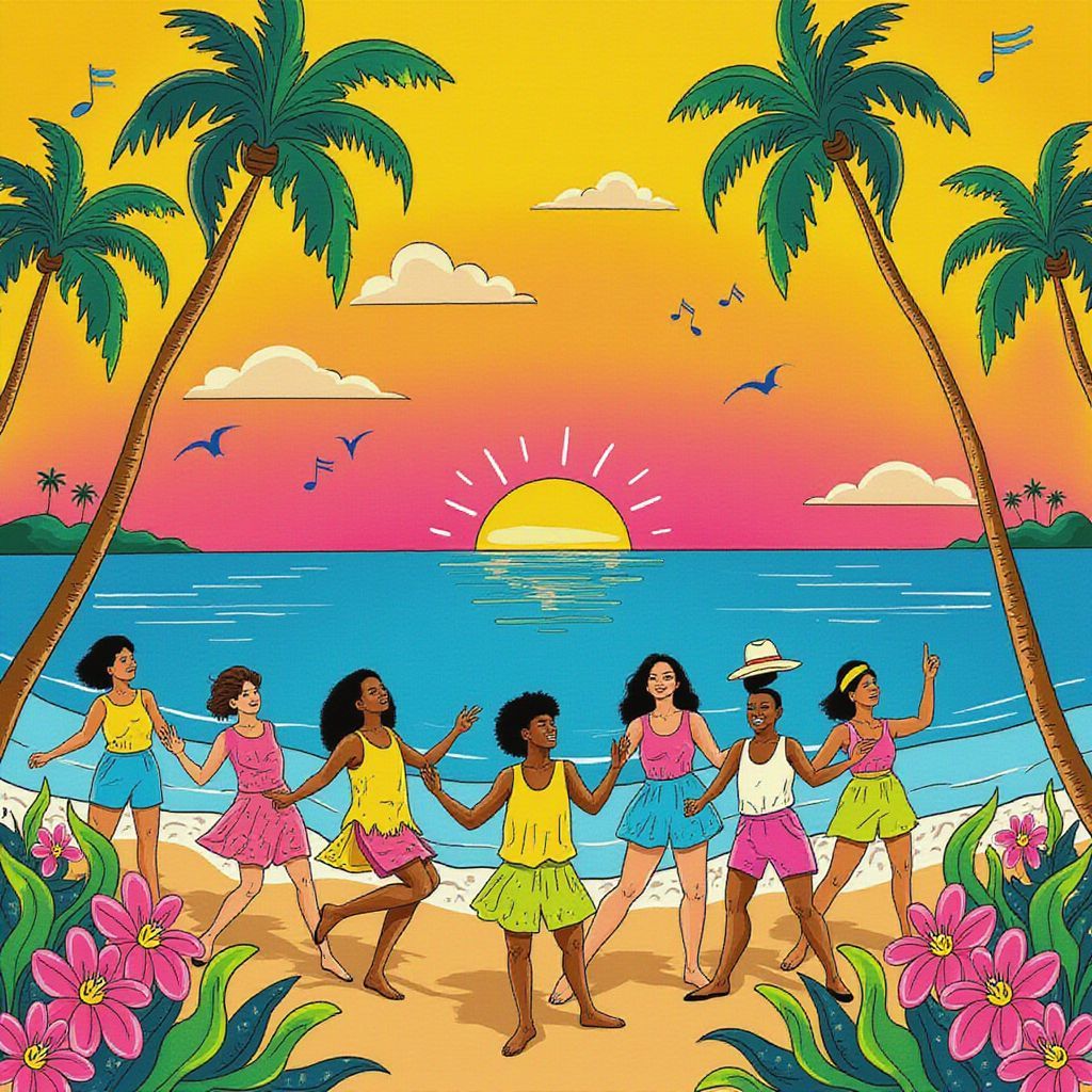 Reggaeton AI Album Cover — A vibrant album cover blending half a lively tropical beach scene with a hand-drawn illustration of dancing figures, incorporating hand-drawn elements like musical notes and flowers; warm sunset lighting enhances the nostalgic reggaeton vibe, bright yellows, pinks, and blues; highly detailed, ethereal atmosphere
