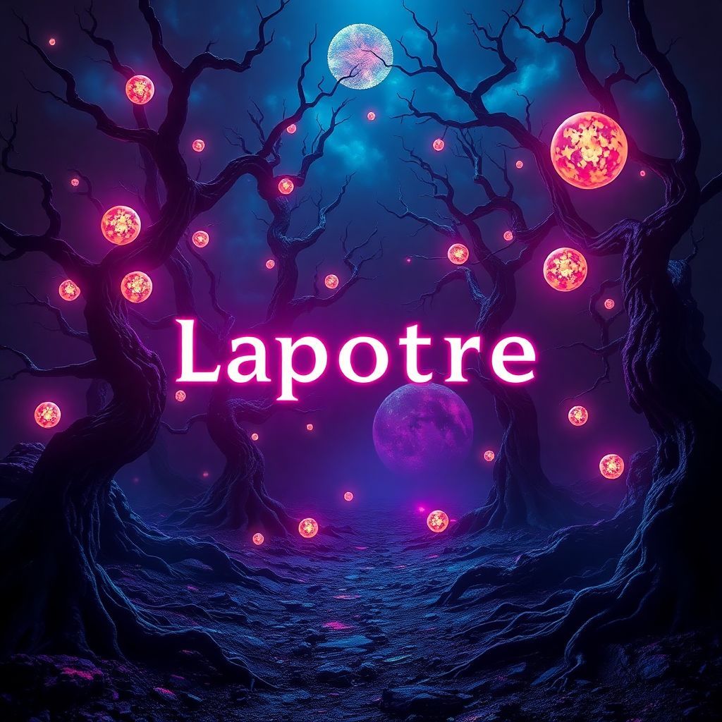 Techno AI Album Cover — A surreal techno album cover featuring the title "Lapôtre" integrated into a dark, moody landscape of twisted trees and glowing orbs; ethereal lighting casting shadows, vibrant contrasting colors of deep blues and purples, psychedelic textures; highly detailed, 8k resolution, dreamlike atmosphere, invoking themes of rebellion and darkness.