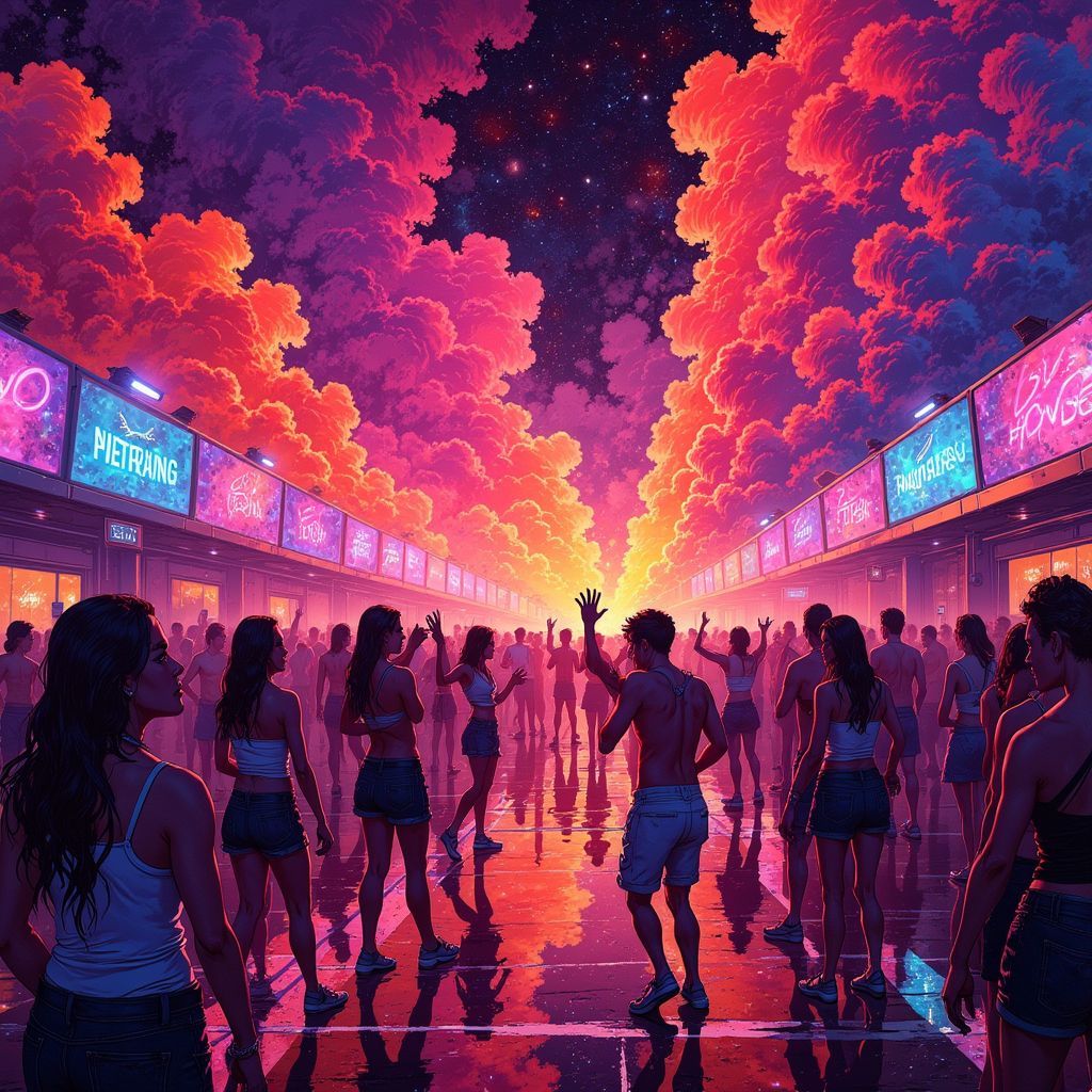 Soundtrack AI Album Cover — A surreal illustration for 'Cuntraband', featuring a vibrant pop-art style with abstract shapes representing euphoric emotions. Focus on a neon-lit club scene, energetic figures dancing with colorful smoke swirling around them, 8k resolution, highly detailed, cinematic lighting, warm and cool contrast, electric atmosphere.