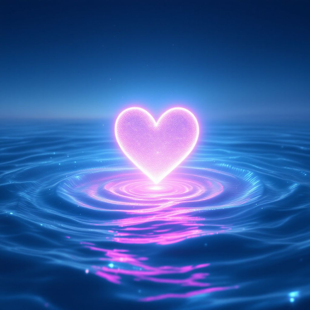 Synth-Pop AI Album Cover — A glowing digital heart in a surreal digital ocean, dreamlike style, with light reflections, in shades of azure and pink, highly detailed, 8k quality