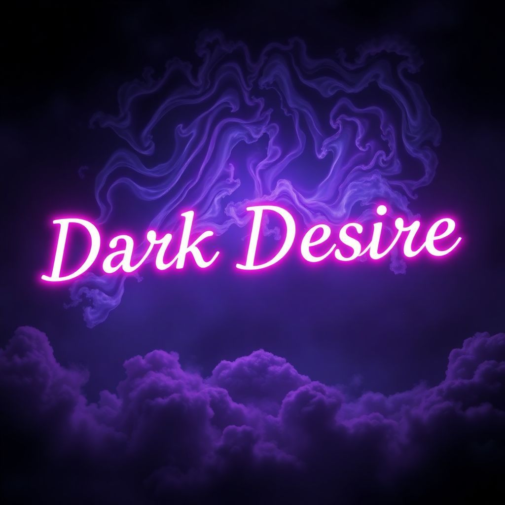 Electronic AI Album Cover — A surreal album cover with dark swirling clouds representing dark desires, the title "Dark Desire" integrated through glowing neon typography, moody lighting with deep purples and blacks, highly detailed with ethereal textures, 8K resolution, atmospheric and captivating effects.
