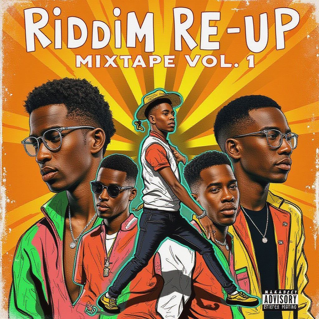 Hip-Hop AI Album Cover — A vintage-themed album cover for 'Riddim Re-Up Mixtape Vol. 1', featuring illustrated portraits of Vybz Kartel, Mavado, Busy Signal, Popcaan, Konshens, and Elephant Man in vibrant colors; hand-drawn elements blended with retro photo backgrounds, bright sunlight illuminating the scene, dynamic dance poses, nostalgic 2010 aesthetic, high detail, warm tones, 8k resolution