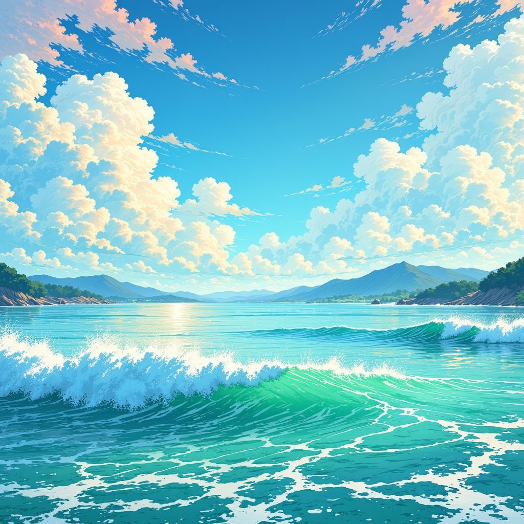 Gospel AI Album Cover — An ethereal landscape filled with soft blue and green waves, harmoniously blending into the sky; abstract clouds and serene reflections in a tranquil atmosphere, dreamy lighting with hints of warmth, Ghibsky illustration style, highly detailed, vibrant and calming, 8k resolution