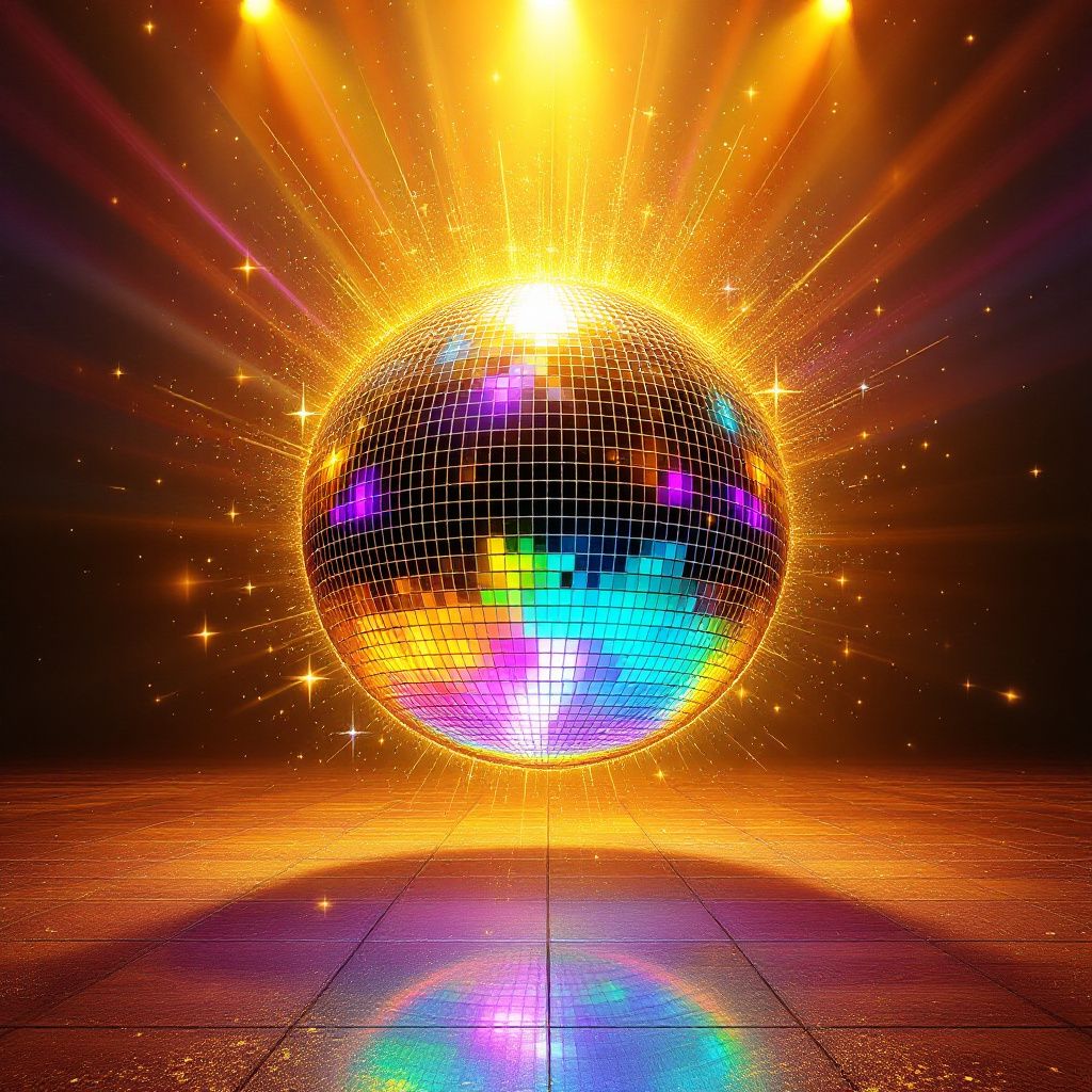 Funk AI Album Cover — A vibrant funk album cover featuring a lively disco ball in motion, radiating colorful lights against a retro dance floor; surreal and psychedelic visual style, warm color palette with shades of gold, purple, and turquoise, high-quality details, captivating lighting, 8k resolution, dynamic and joyous atmosphere