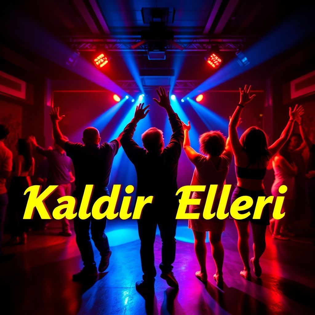Jazz AI Album Cover — An energetic jazz album cover featuring vibrant dancers with raised arms, swirling colorful lights in a club atmosphere; incorporates the title "Kaldır Elleri" in dynamic typography; moody lighting, high contrast, 8k resolution, and lively color palette with reds and blues, highly detailed and professional.