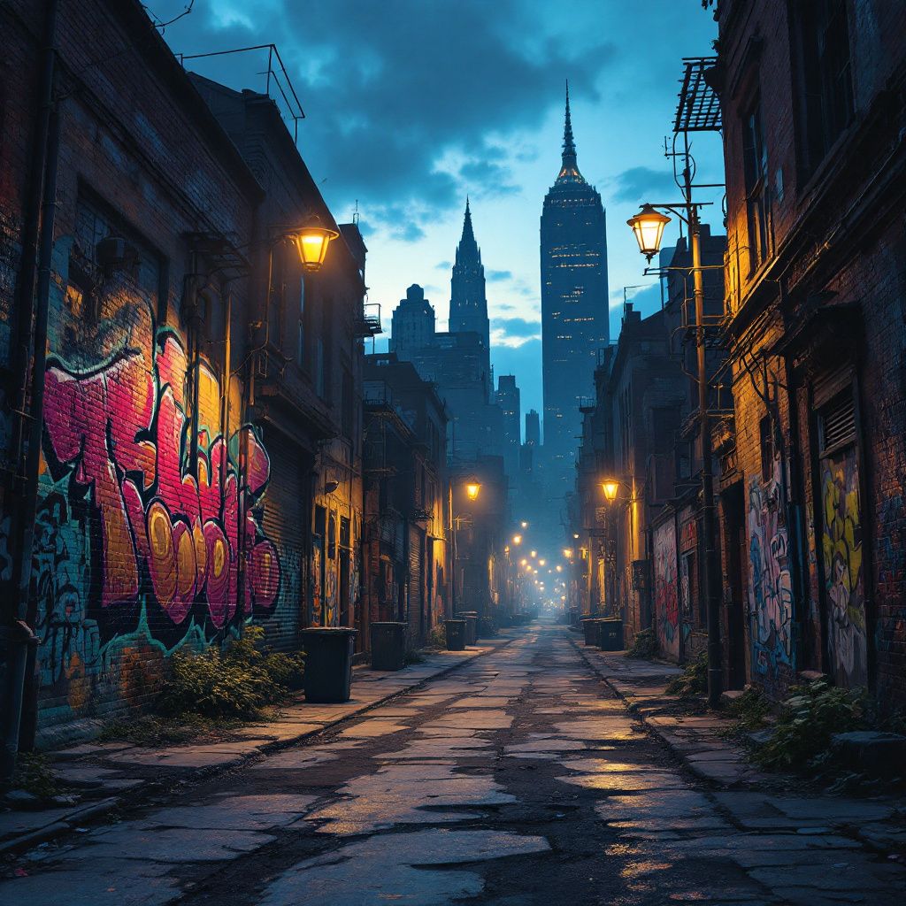 Grunge AI Album Cover — A grungy urban alleyway, graffiti-covered walls, surreal perspective with tilted angles, dim lighting, muted blues and greens, professional detail, 8k quality