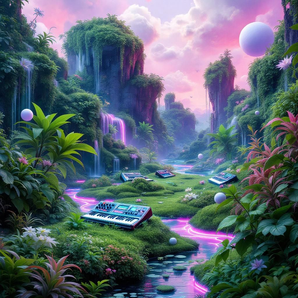 Electronic AI Album Cover — A dreamy surreal landscape collage representing tranquility, featuring distorted electronic instruments scattered among lush greenery, vibrant colors blending with pastel hues; soft ambient lighting, ethereal atmosphere, highly detailed and photorealistic, 8k resolution