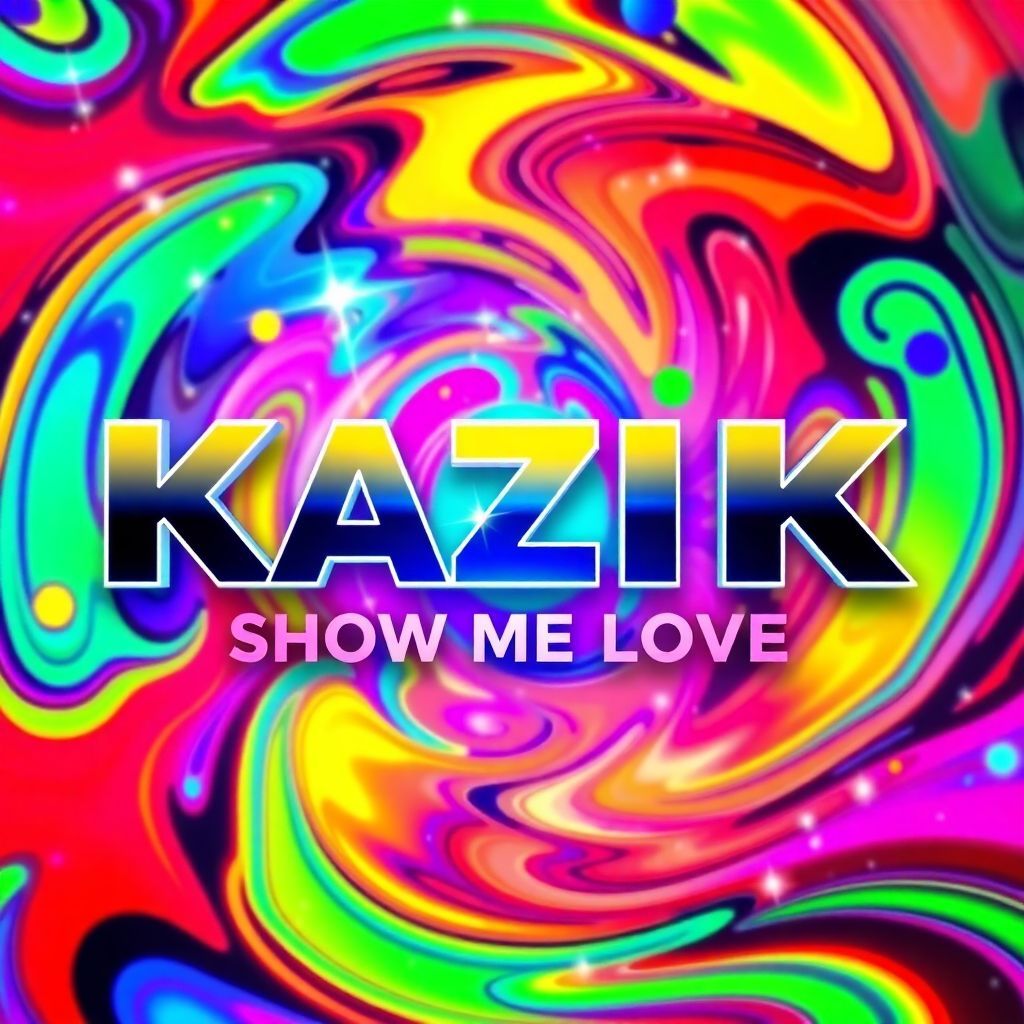Funk AI Album Cover — A vibrant, psychedelic album cover featuring a swirling mix of colors with funky geometric shapes; the text 'KAZIK - SHOW ME LOVE' integrated stylishly within the design, bright lighting and dynamic patterns, highly detailed, lively atmosphere, perfect for funk, 8k resolution