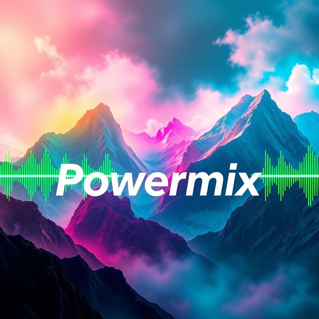 Dubstep AI Album Cover — An abstract design for 'Powermix', showcasing a close-up of mystical mountain peaks intertwined with colorful sound waves; surreal style, bold use of neon greens and pinks, atmospheric lighting, photorealistic details, emphasizing the title elegantly within the sound waves.