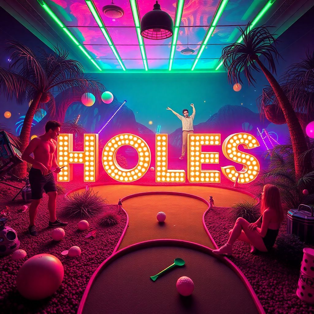 Soundtrack AI Album Cover — A psychedelic album cover showcasing the title "Holes" surrounded by surreal adult-themed hazards on a miniature golf course; neon colors, fantastical elements, coeds engaging in playful antics, brightly lit atmosphere, high contrast, dynamic composition, 8k resolution, intricate details