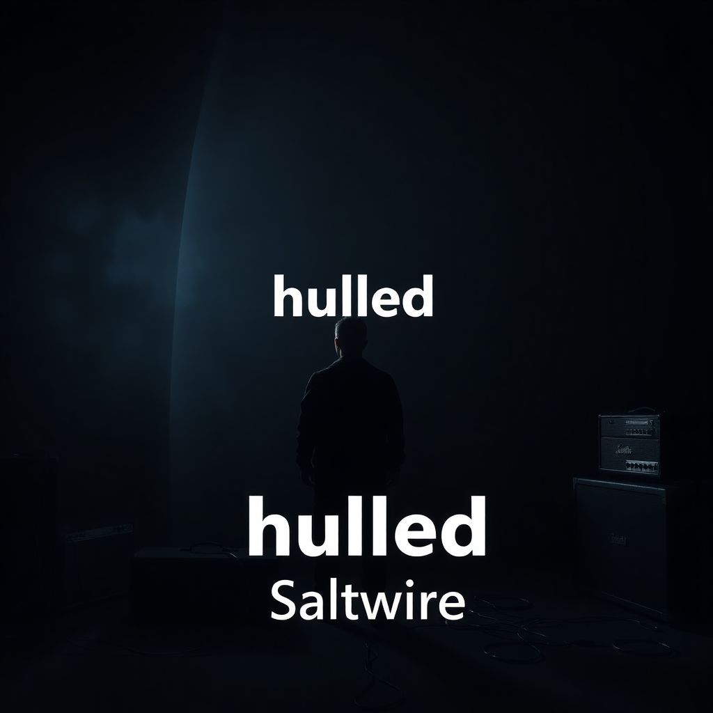 Indie AI Album Cover — A minimalist depiction of a person outlined in shadow, cables emanating towards multiple guitar amplifiers; deep black backdrop creates tension, stylishly integrating the title 'hulled' and 'Saltwire', with ethereal ambient lighting highlighting the scene, abstract and moody aesthetic, 8k resolution, photorealistic quality.