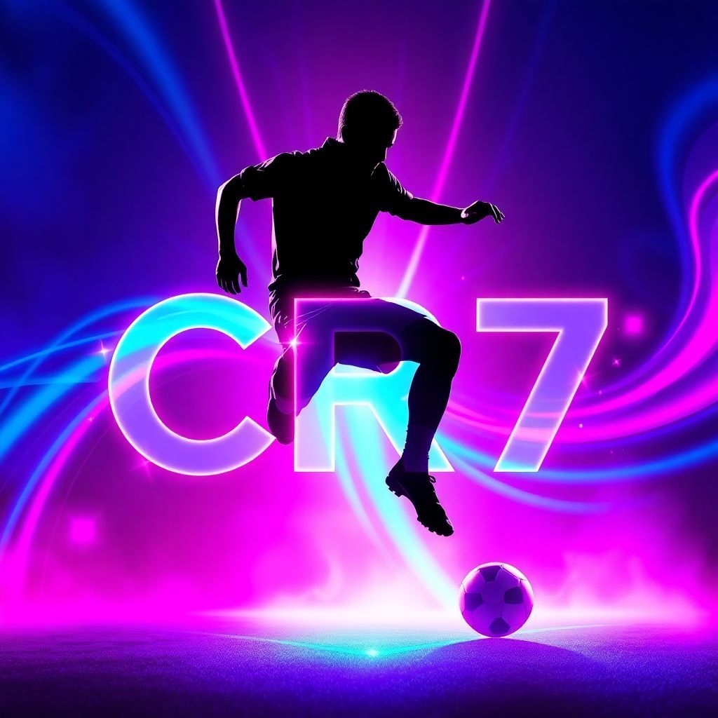 EDM AI Album Cover — An electrifying EDM album cover featuring a stylized silhouette of a footballer in mid-action against a vibrant neon backdrop; incorporates the title "CR7" in bold, dynamic typography, high energy swirling colors of blue and pink, ethereal lighting effects, high detail, 8K resolution, professional finish, capturing the excitement of soccer and music.