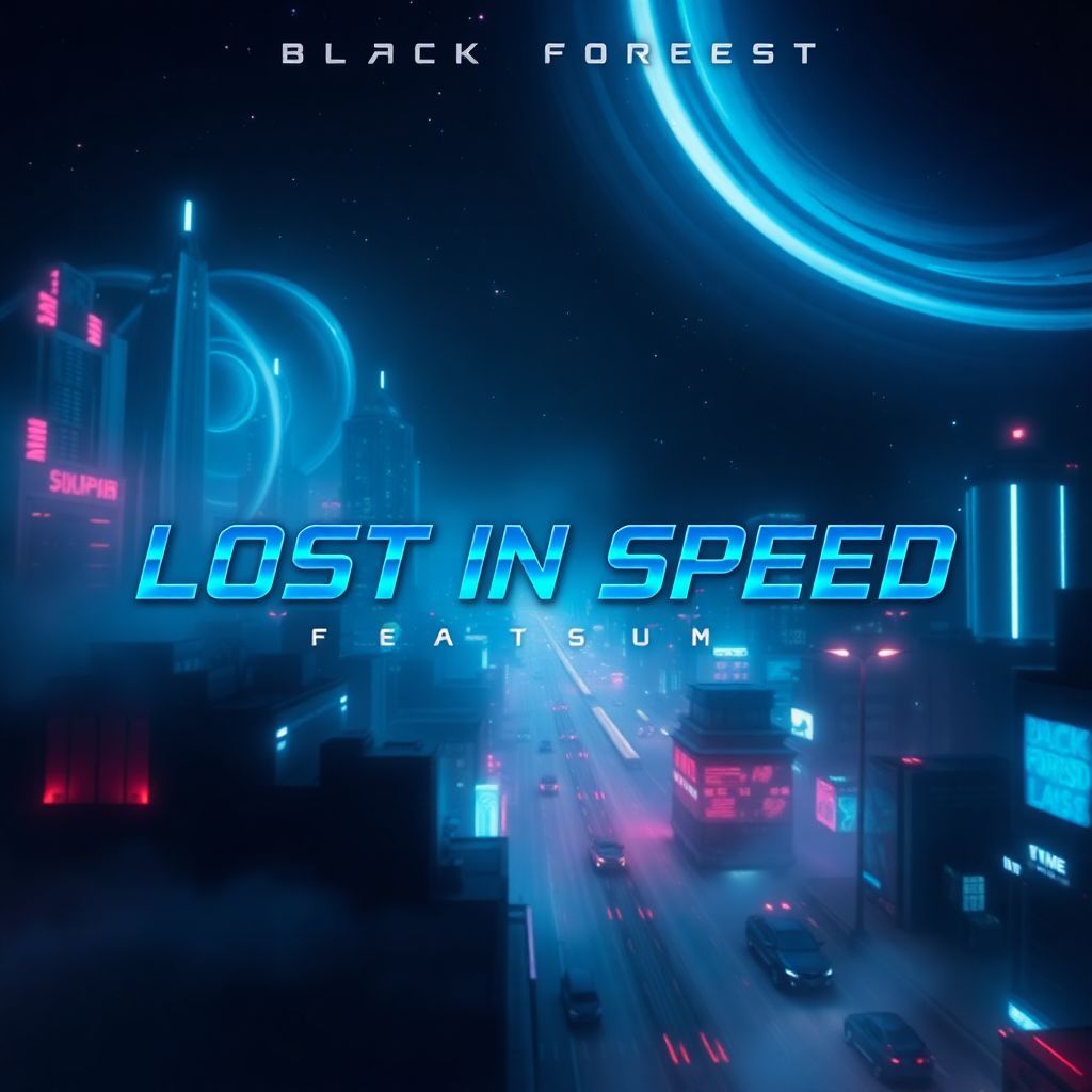 Techno AI Album Cover — A dark space-themed music album cover for 'Lost in Speed' by Black Forest Labs, featuring a futuristic cityscape with glowing neon lights, time travel motifs, and abstract spirals. The title 'Lost in Speed' is prominently integrated with cool, sharp font; moody colors with deep blues and purples, photorealistic details, cinematic lighting, 8k resolution, highly detailed, and immersive atmosphere.