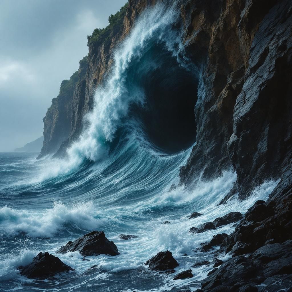 Metal AI Album Cover — A striking metal album cover featuring a colossal tide wave carving a hollow in a rocky shore; dramatic lighting with shadows emphasizing strength and emotion, dark blue and gray color palette with hints of metallic silver; highly detailed, 8k resolution, moody and intense atmosphere