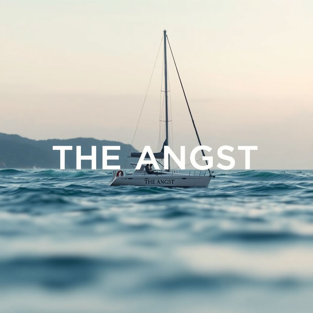 Chillout AI Album Cover — A minimalist abstract music cover showcasing the silhouette of a couple on a sailboat labelled 'THE ANGST', embraced by rolling waves and lush Queensland shores, serene pastel colors, soft focus, tranquil atmosphere, highly detailed and artistic, 8k resolution