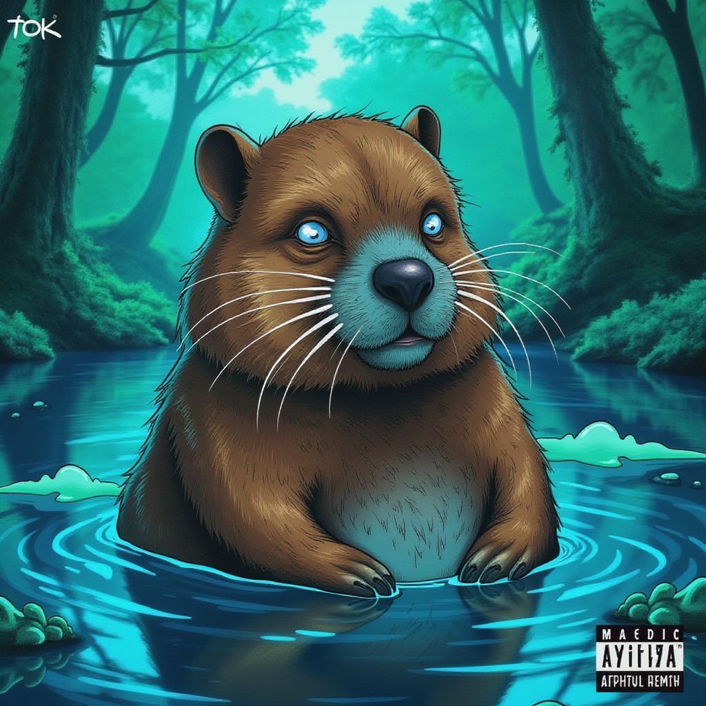 Synth-Pop AI Album Cover — A surreal album cover for 'Beaver Fever', featuring a whimsical beaver character with exaggerated features, half-photorealistic and half-illustrated; vibrant colors of blue and green, reflecting water and nature, dramatic lighting creating a playful atmosphere, highly detailed, 8K resolution, blending fantasy with synth-pop aesthetics.
