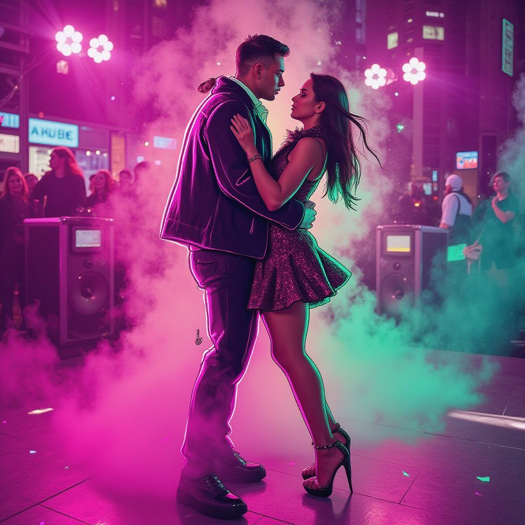 Reggaeton AI Album Cover — An illustrated music cover featuring an energetic reggaeton party scene; vibrant colors of neon pink and green, showcasing an animated couple dancing intimately in a dynamic pose amidst swirling smoke and colorful lights; half photo, half illustration blending, high energy, 8k resolution, highly detailed