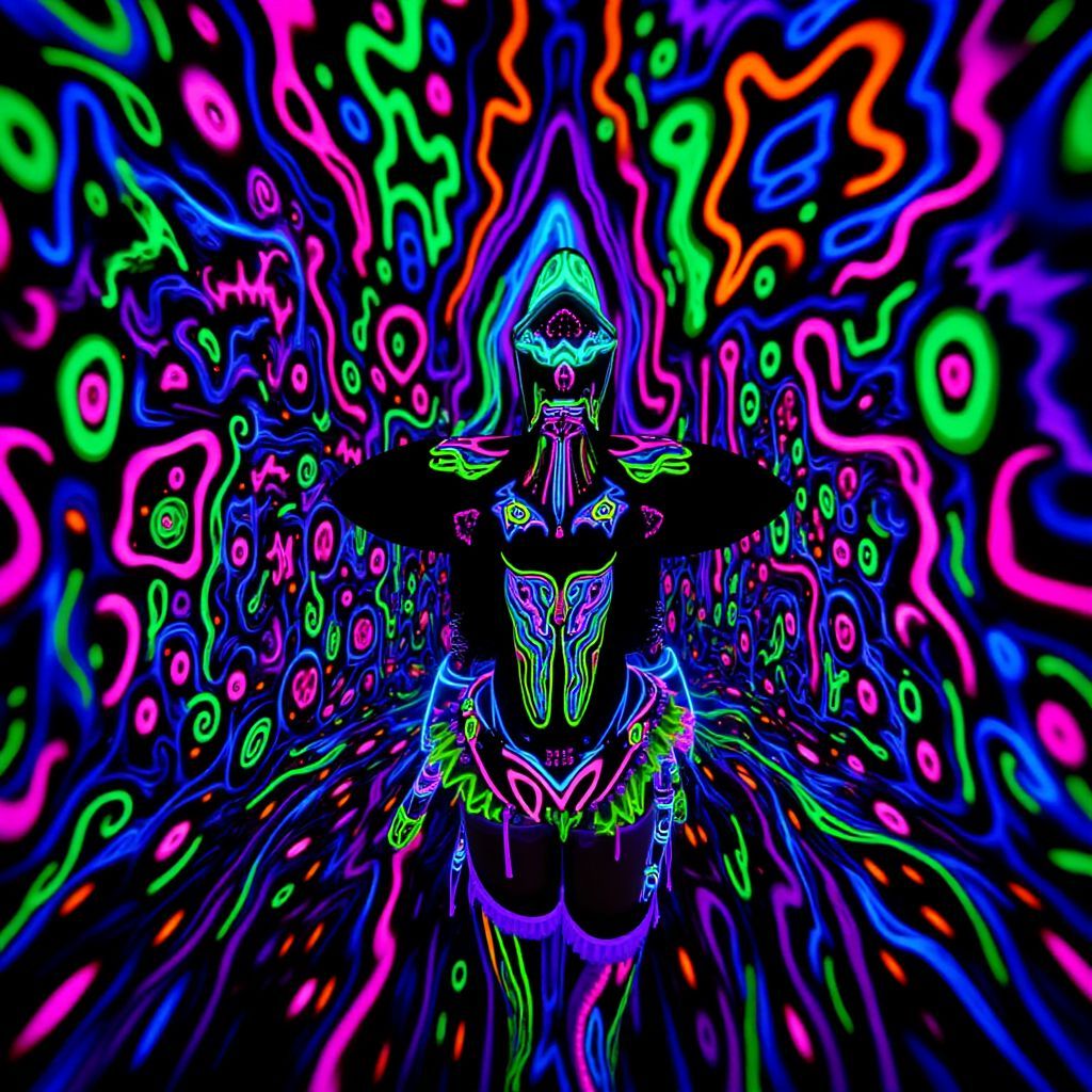 Dubstep AI Album Cover — A psychedelic black light album cover for a dubstep song titled 'WOBBLE', featuring vibrant abstract shapes that pulsate with sound waves; the background is filled with glowing neon colors of green, purple, and blue, creating an ethereal atmosphere; highly detailed, 8k resolution, dynamic lighting effects, shapes swirling to the beat of music.