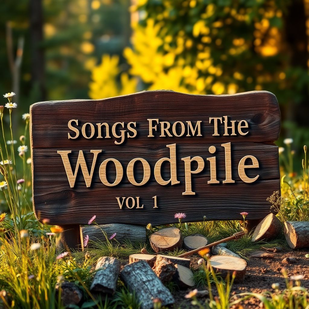 Country AI Album Cover — A rustic country album cover featuring a weathered wooden sign with the title "Songs From The Woodpile VOL 1" carved into it; warm, golden lighting illuminating a cozy woodpile and wildflowers surrounding the sign; earthy tones with deep greens and browns, highly detailed, 8k resolution, inviting and nostalgic feel.